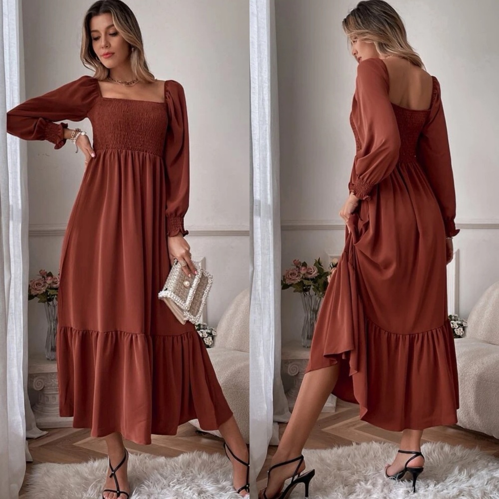 Shirred bust square neck long sleeve ruffle maxi dress boho gypsy maroon - Picture 5 of 10